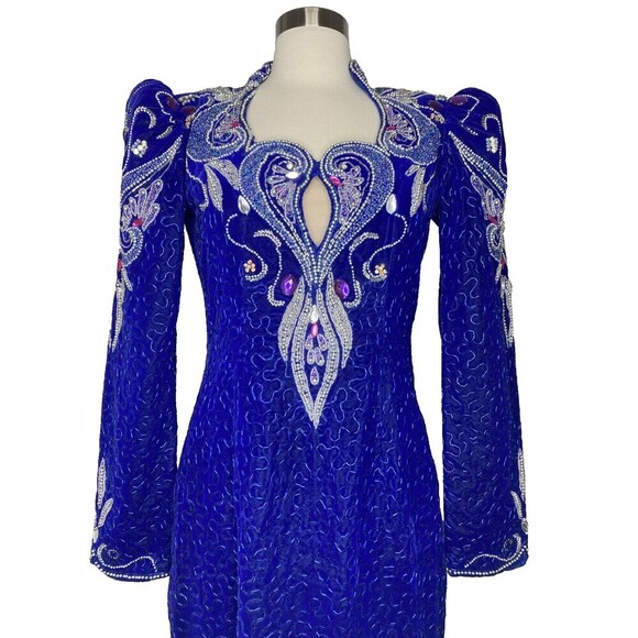 Vintage 1980s Cache Dress Women Size 6 Blue Silver Beaded Puff Sleeve Sequins - Picture 6 of 11